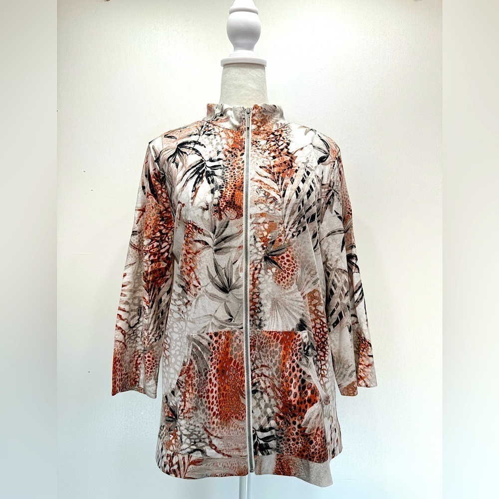 Weekends by Chico’s Jacket Zip Front Leaves & Animal Print 3/4 Sleeve Sz 1/Med